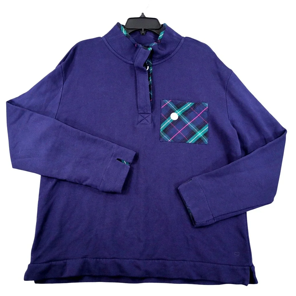 Crown & Ivy Pullover Sweater Mens L Navy Plaid‎ Pocket Casual Sweatshirt